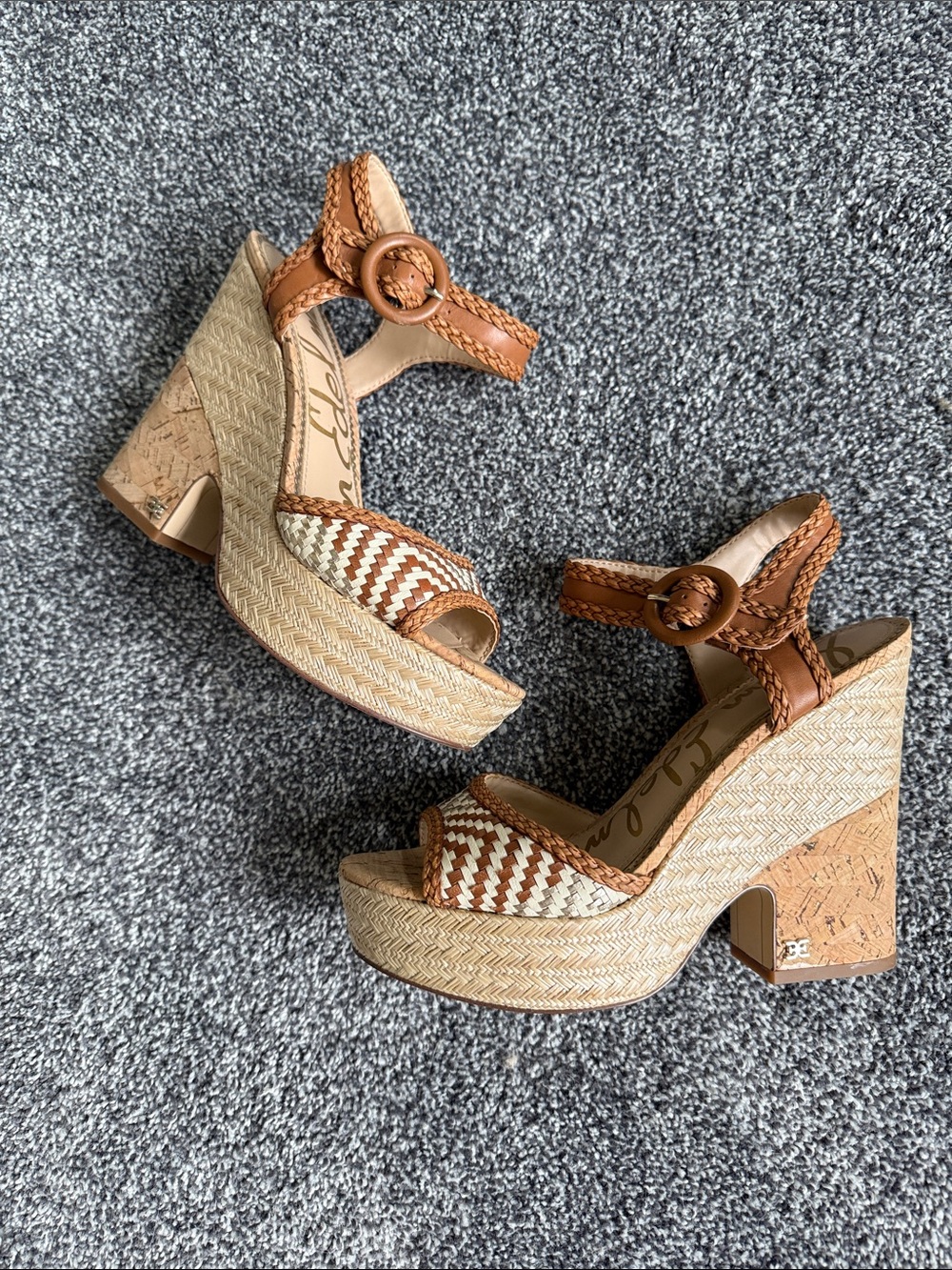 Sam Edelman Brown and Cream Woven Platform Sandals